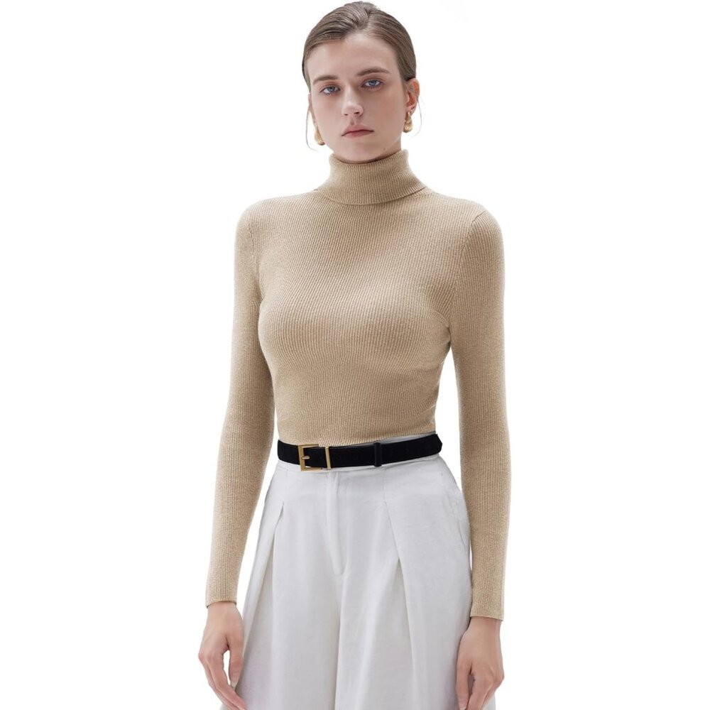 Women Turtleneck Cashmere Beige Sweater Long Sleeve Fall Basic Thermal Tops